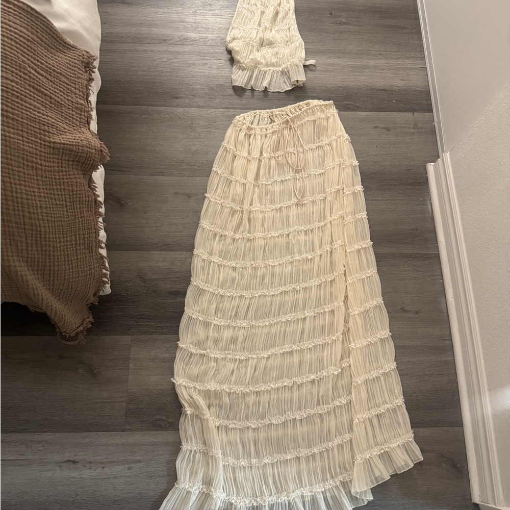 Ruched sheer halter top and maxi skirt co-ord set